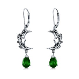 925 Sterling Silver Moon Earrings Vintage Retro Oxidized Crescent Moon Dangle Drop Shape Leverback Earrings with Birthstone for 12 Months Jewellery Gifts for Women, Sterling Silver