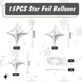 Silver Four Angle Star Balloons,15Pcs Silver Star Foil Balloons,26/18/10 Inch Quadrangle Star Helium Mylar Balloons for Wedding Birthday Prom Anniversary Baby Shower Party Decorations
