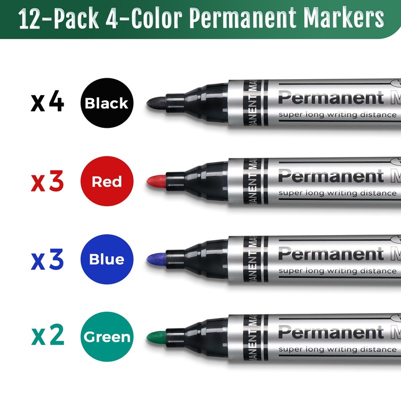 SELEAD Large Permanent Markers Black Red Blue Green - 12