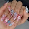 Mkwntg 24Pcs Pink Flower Press on Nails Medium Almond Fake