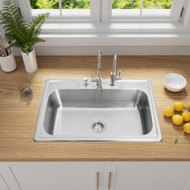 MILOSEN 33''x22'' Drop in Kitchen Sink, Topmount T304 Stainless Steel Sink, Single Bowl 9'' Deep Sinks with Strainer, Round Corner Large and Deep Sinks, Brushed Finish