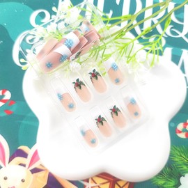 Christmas Press on Nails Medium Square Fake Nails Long with Snowflake Christmas Leaves Design Glue on Nails White French Tip False Nails Nude Glossy Christmas Stick on Nails for Women 24Pcs