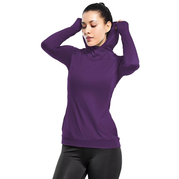Zengjo Long Sleeve Workout Tops for Women with Hood(Purple,XL)