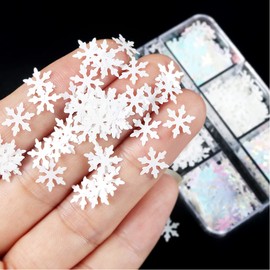 6 Grids White Snowflake Nail Art Glitter Sequins Charms Holographic Snow Flakes Nail Slices Winter Christmas Nail Art Decorations Xmas Manicure Tips for Acrylic Nails Iridescent White Nail Supplies