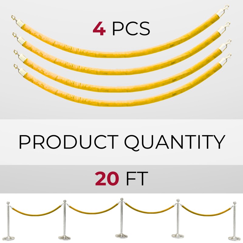 4PCS Yellow Velvet Rope – 5FT VIP Rope Barrier with