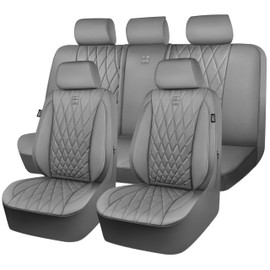 CAR PASS Piping Luxury Leather Seat Covers Full Set,5 Seats Anti-Slip Waterproof Seat Covers Compatible with Front Armrests,Universal Fit for Sendans, Suvs,Vans,Trucks,Airbag Compatible,Pure Gray