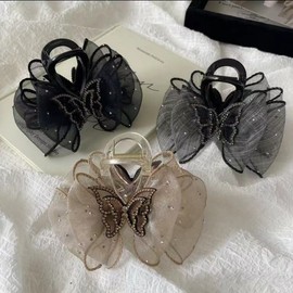 New Elegant Light Luxury Cubic Zirconia Butterfly Claw Clip with Mesh Butterfly Black- 10ea