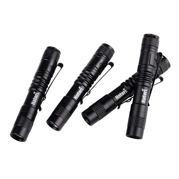 [4 Pack] Hatori Super Small Mini LED Flashlight Set Battery-Powered Handheld Pen Light Tactical Pocket Torch with High Lumens for Camping, Outdoor, Emergency, Everyday Flashlights, 3.55 Inch