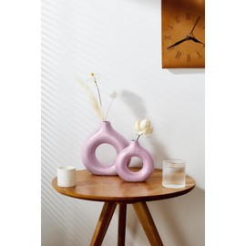 Set of 2 Donut Hollow Ceramic Vase Handmade Minimalist Boho ins Style, Modern Vase for Home Decor for Wedding Dinner Table Party Living Room Office Bedroom (Purple-Gold, Large + Small)