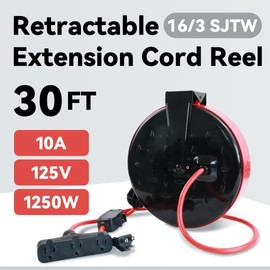 FNXPOW 30 Ft Retractable Extension Cord Reel, 16/3 SJTW Power Cord with 3 Electrical Outlets, Ceiling or Wall Mount, 10 Amp Circuit Breaker, Metal Plate, UL Listed, Red