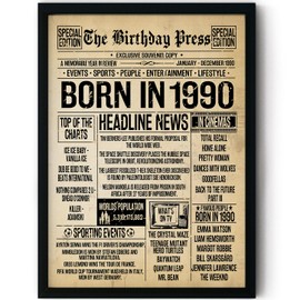 Stuff4 35th Birthday Poster Framed - Born In 1990 Vintage Newspaper - Happy 35th Birthday Gifts for Women Men Retro Back In 1990, 8x10 Inch Thirty-Five Thirty-Fifth Decor Decoration Bday Party