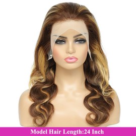 4/27 Highlight Body Wave Lace Front Wigs Human Hair Pre Plucked 13x4 HD Lace Frontal Wig with Baby Hair 180% Density Ombre Brown and Honey Blonde Human Hair Wigs for Black Women 24 Inch