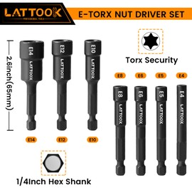 E-TORX Nut Driver Set, LATTOOK 7-Piece 1/4'' Hex Shank Female Torx Nut Driver E Torx & Star Nut Driver External Star Nut Driver Set for Impact Drill, E4 E5 E6 E8 E10 E12 E14