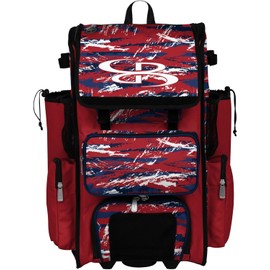 Boombah Rolling Superpack Baseball/Softball Gear Bag - Telescopic Handle - Holds 4 Bats - Wheeled Version - Razor Red/Navy/White