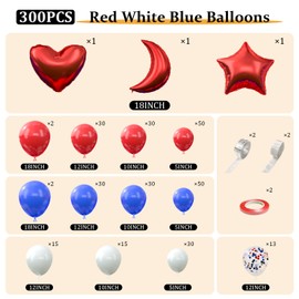 300pcs Red White and Blue Balloons Garland Arch Kit, Different Sizes 5/10/12/18in Blue Red Confetti Balloons for July Graduation Birthday Veterans Day Nautical Patriotic Baseball Party Decorations
