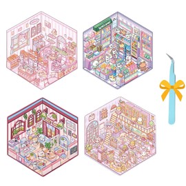 3D DIY Sticker, Isometric Room and House Sets. Enjoy Cute Cartoon Sticker Therapy with Miniature Art. Make Your Own Scenes Perfect for Kids and Adults to Pass The Time (4 Sets_F)