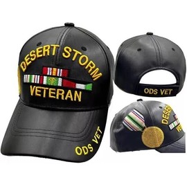 Desert Storm Veteran Medallion Black Cap Hat Premium Quality PU Leather