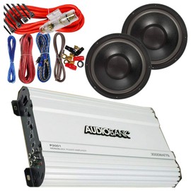 2X Audiotek K712 12-Inch 2400 Watts Car Vehicle Stereo Subwoofer + Audiobank P3001 3000 Watts Car Audio Amplifier + Audiobank 4 Gauge 2300Watts Amplifier Installation Kit