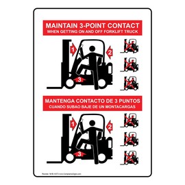ComplianceSigns.com 3-Point Contact On and Off Forklift Truck Bilingual Label Decal, 5x3.5 in. 4-Pack Vinyl for Machinery