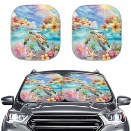 Quelytytrip Hawaiian Sea Turtle Floral Car Sun Shade Windshield,Blocks UV Rays Sun Visor Protector to Keep Your Vehicle Cool,2PCs