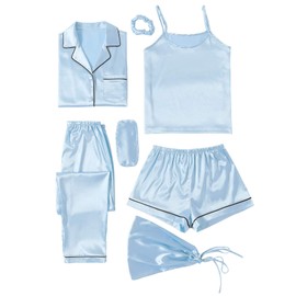 LYANER Women's Pajamas Set 7pcs Silk Satin Sleepwear Loungewear Cami Shirt Pj Set Sky Blue Medium
