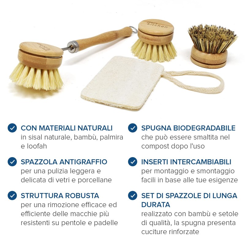 Joeji's Kitchen Eco Bamboo Dish Brush, Spazzola per piatti con