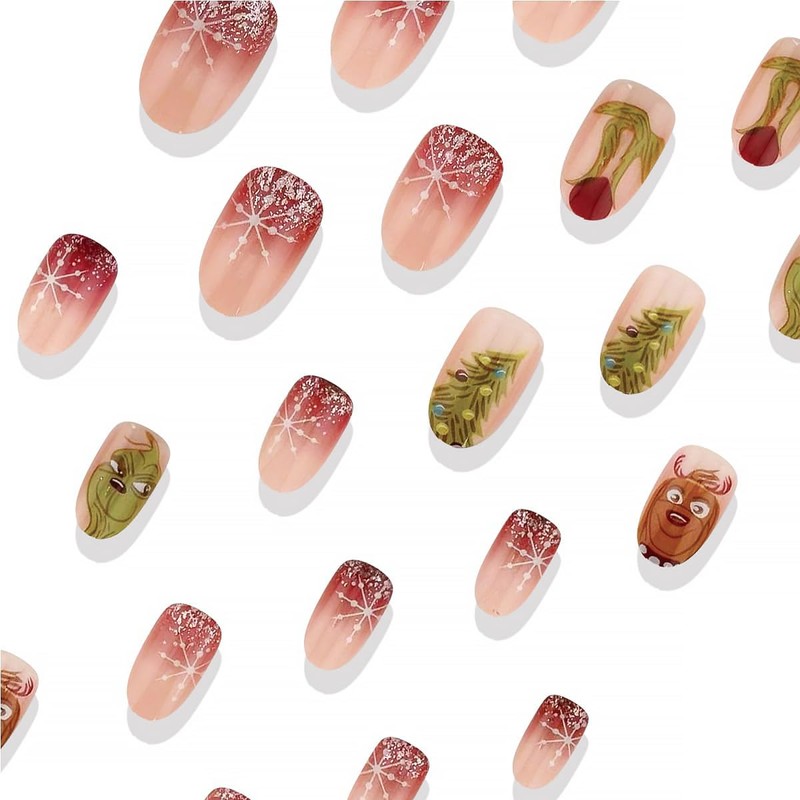 24Pcs Christmas Press on Nails Short Almond Pink Fake Nails