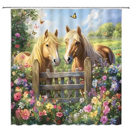 MUENKKCS Western Horse Shower Curtain Rustic Farmhouse Animal Wooden Fence Colorful Floral Butterfly Grassland Wildflower Country Farm Nature Landscape Bathroom Decor Curtain with Hooks,70Wx70L