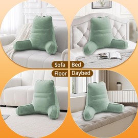 Sasttie Reading Pillow for Bed, Back Pillow for Bed Sitting Up, Taller Backrest Sit-Up Cushion for Adults with Arms Support and Side Pockets, Sage