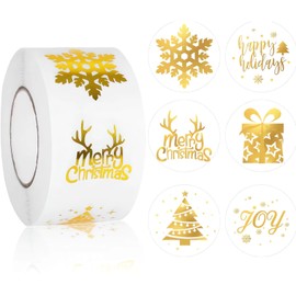 500Pcs Merry Christmas Stickers Circle Gold Elk Snow Deer Tree Christmas Stickers for Cards Gift Christmas Labels Stickers 1.38in Xmas Gift Tags Decor for Envelope Seal (Transparent)