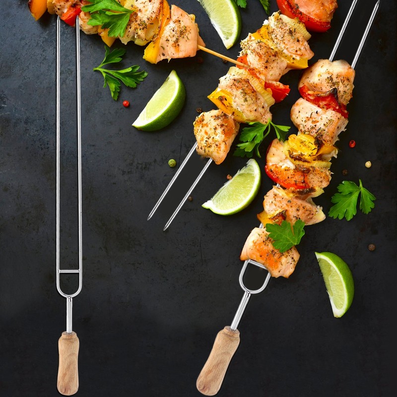 Stainless Steel Fork Wood Handle U shaped BBQ Roast Needle