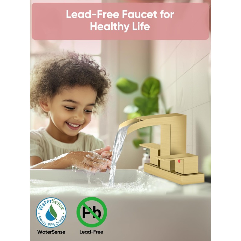 Cobbe Waterfall Bathroom Faucets 3 Hole, Brushed Gold Bathroom Sink