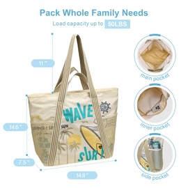 F-color Waterproof Beach Bag - 7 Pockets Large Family Capacity Beach Bag Tote with Sandproof Side Mesh Bag for Women, Carry on Tote Bag for Travel Pool Swim Gym Beach Essentials, Wave