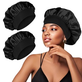 Mugust Pack of 2 Satin Bonnet, Satin Hair Cap, Hair Cap for Night, Silk Bonnet for Sleeping, Reusable Silk Bonnet Silk Bonnet for Women and Girls, Black and black