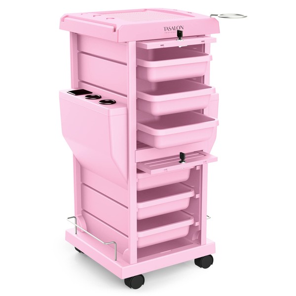 TASALON Ultimate Rolling Cart for Salon Stations - Space Saving, Lockable 6 Tray Salon Trolley with 2 Tray Holders - Hair Beauty Cart Upgrade - Pink