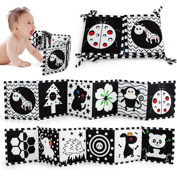 Amsixnt Black and white baby book, fabric book for baby, baby cloth book, baby sensory book, double sided fabric booth, high contrast toys for babies
