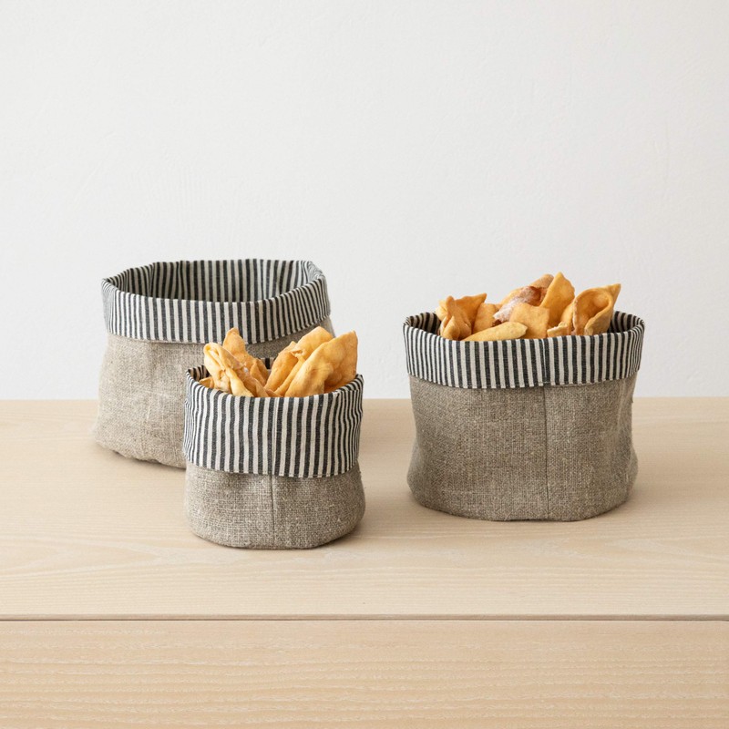 LinenMe Black Natural Striped Linen Cotton Basket Jazz, MEDIUM (20
