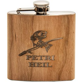 Spruchreif Hip Flask Petri Heil and Fish Motif Made of Stainless Steel in Real Wood Look, Gift for Fishermen, Gift for Men, Hip Flask with Engraving, Gift Idea for Fishermen