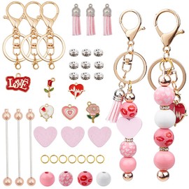 SUNNYCLUE DIY 6 Sets Keychain Making Kit Valentines Day Beadable Keychains Pink Wood Beads Romantic Love Rose Flower Charms Keychain Bar Bulk Keychain Bars for Women Adults Gift Party Favor Supplies