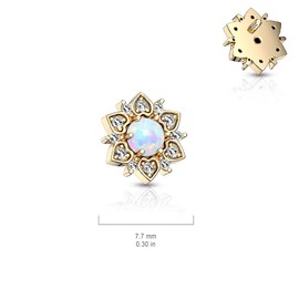 Pierced Owl - 14GA Stainless Steel CZ Crystal Flower with Synthetic Opal Center Internally Threaded Dermal Anchor Top, Metal, cubic-zirconia