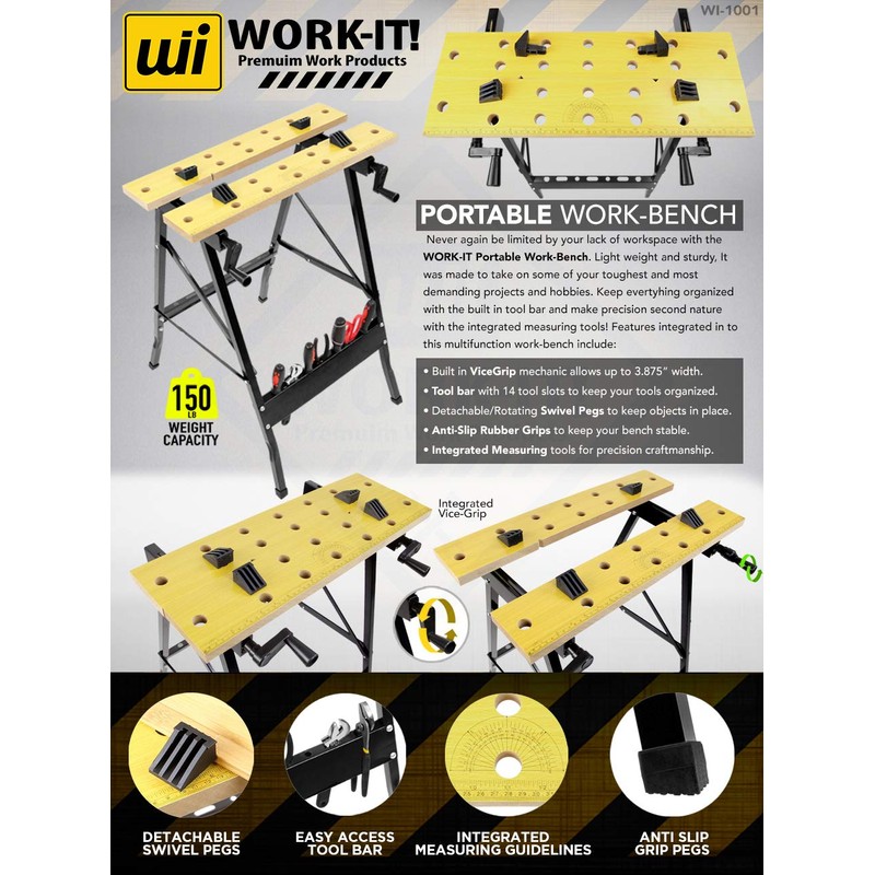Work-It! Portable Workbench, Folding Carpenter Saw Table with Adjustable Clamps