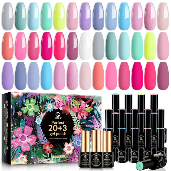 MEFA Gel Nail Polish Set 23 Pcs 20 Colors, Hot Pink Bright Sage Green Blue Candy Colors Pastel Glitter Nail Gel Kit with Glossy & Matte Top Base Coat Starters Nails Art Manicure Home Gifts for Women