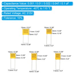 PATIKIL Safety Capacitors, 1 Set/50 Pcs 0.001/0.01/0.022/0.047/0.1uF AC 310V 5 Values Polypropylene Film Capacitor Assortment Kit