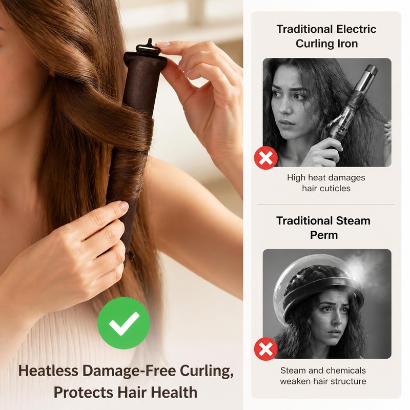 8 Pcs Brown Hair Rollers with Hooks & Satin Hat
