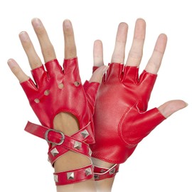 Skeleteen Fingerless Faux Leather Gloves - Red Biker Punk Gloves with Belt Up Closure and Rivet Design for Women and Kids