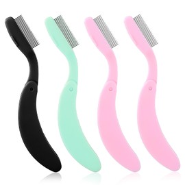 4 Pcs Folding Eyelash Comb with Metal Teeth, Durable Portable Lash Comb, Eyelash Separator Tool Arc Designed Cosmetic Brushes for Making Up (Pink+Black+Green)