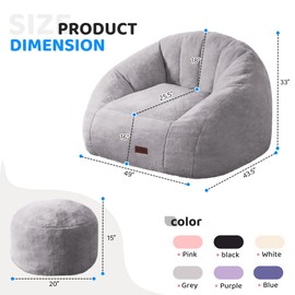 HABUTWAY Bean Bag Chair, Giant Bean Bag Chairs for Adults with Ottoman, Comfy Faux Fur Shell-Shaped Bean Bag Couch, Sofa Chair for Living Room, Bedroom, Grey