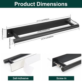 BathAce Self Adhesive Towel Bar, 16 Inch Square Towel Racks for Bathroom Wall Mounted SUS304 Stainless Steel Towel Hanger for Kitchen, No Drill or Screw-Mounted Towel Holder (Matte Black)