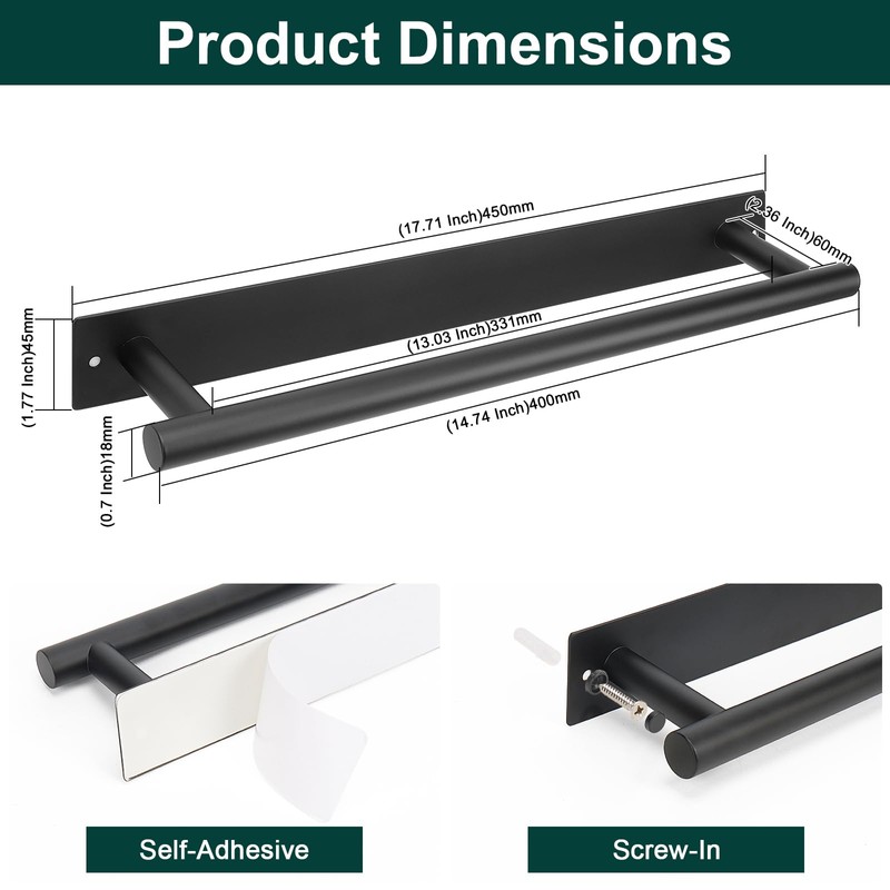 BathAce Self Adhesive Towel Bar, 16 Inch Square Towel Racks