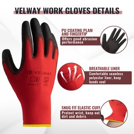 Velway 12 Pairs Safety Work Gloves - Firm Grip Gardening Gloves Non-Slip PU Coated Lightweight Breathable Protective Mechanic Builders Working Gloves Men Women for General Duty Work Red (Size 8/M)